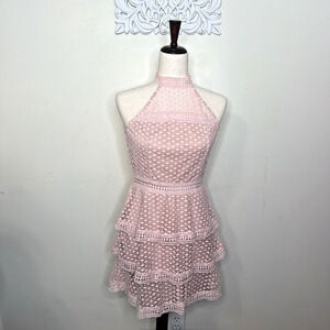 AX PARIS size 10 (Fits size 8 Model) Lace High Neck Tiered Dress Lined PINK